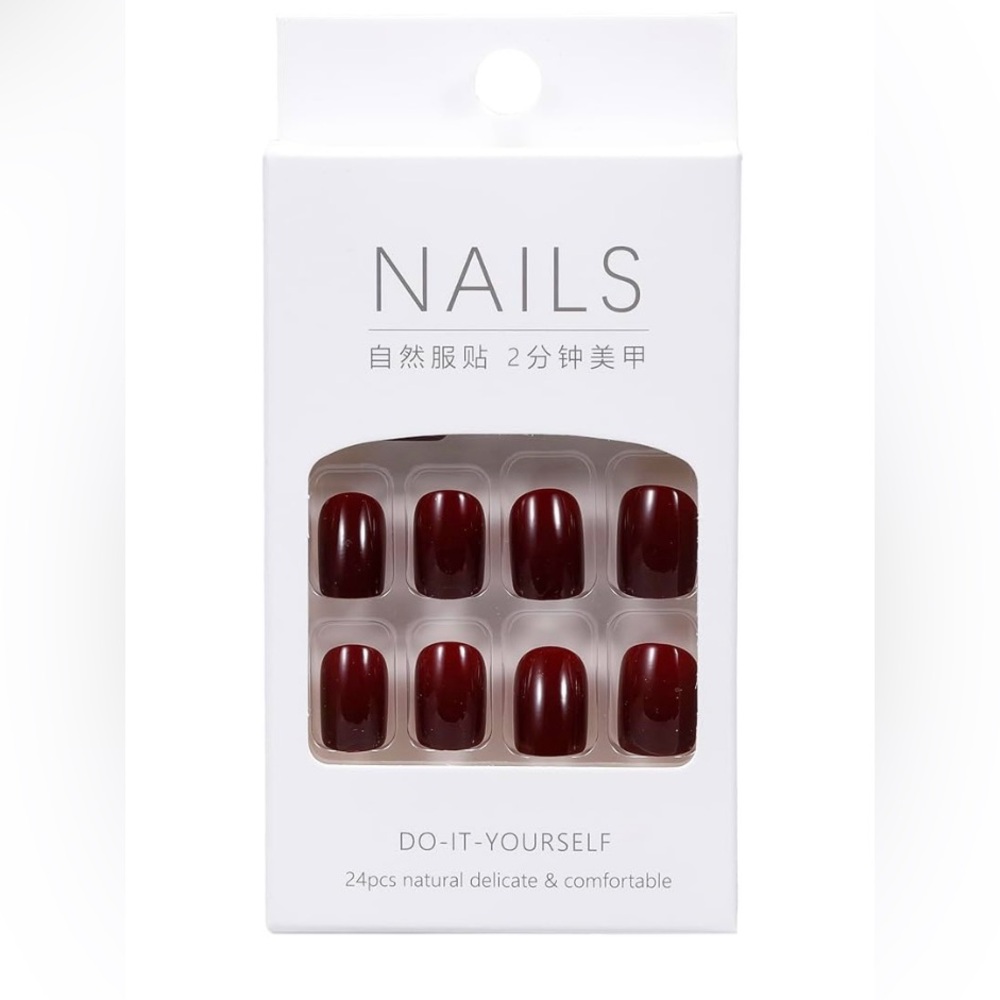 New: Set of 24 Wine Red Press in Nails.  Extra Short Squoval. Shiny Gel Finish